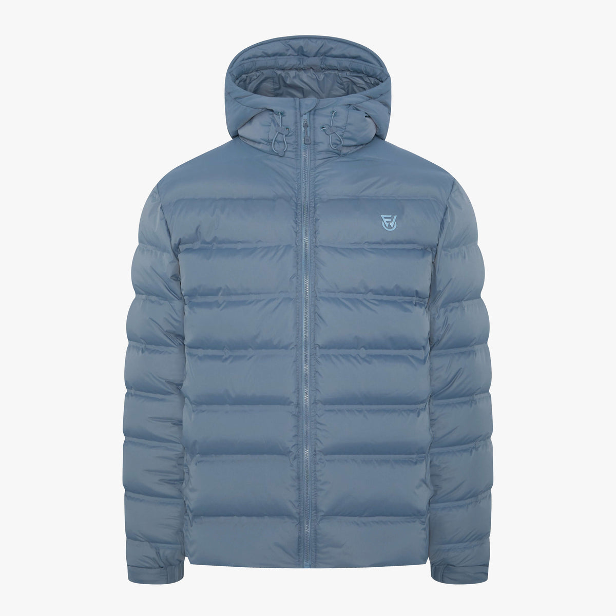 A light blue hooded puffer jacket with horizontal quilting and a small white shield logo on the left chest, shown against a plain light gray background.