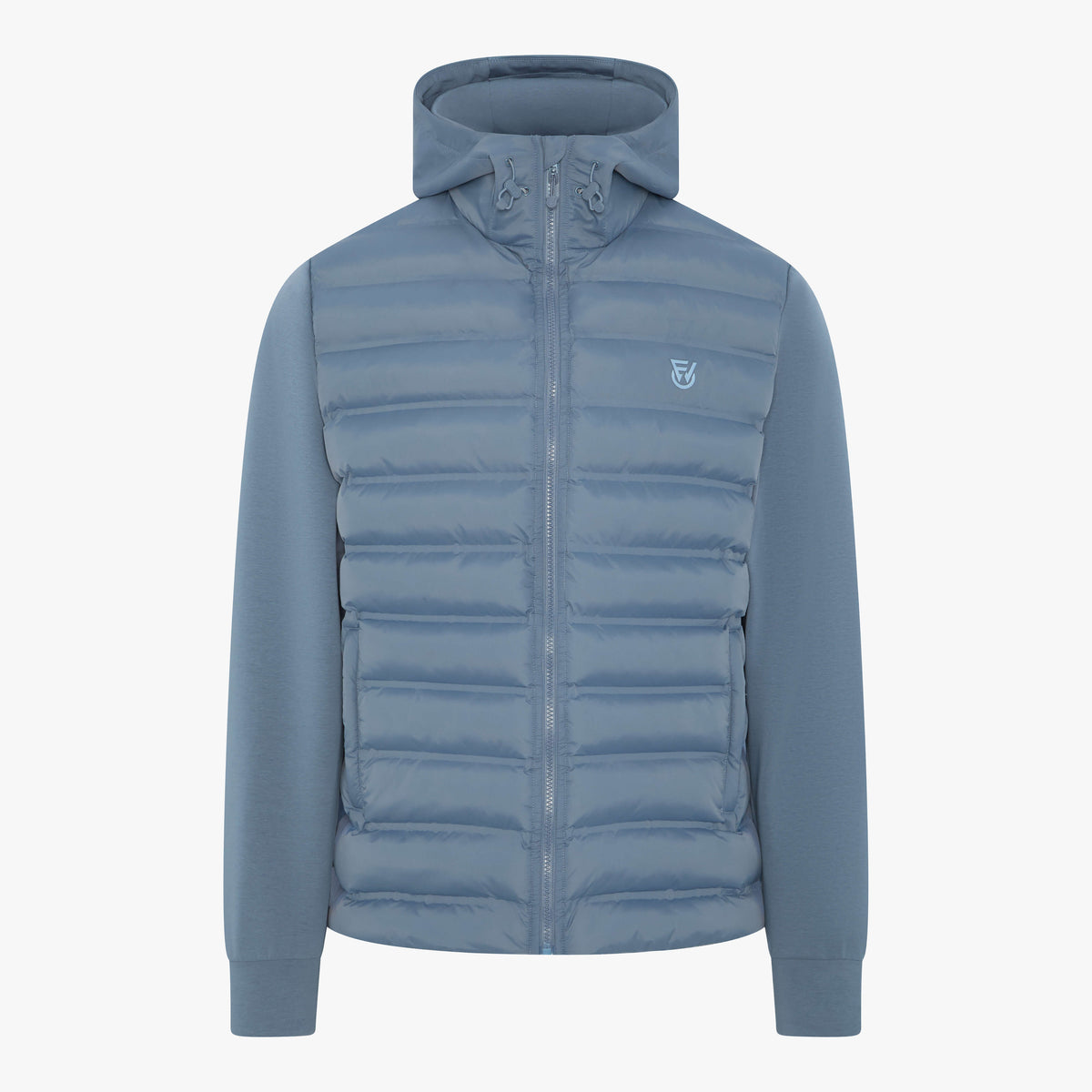 A slate blue hooded puffer jacket with a full-zip front, horizontal quilted baffles, and a small white embroidered logo on the left chest, shown against a plain white background.